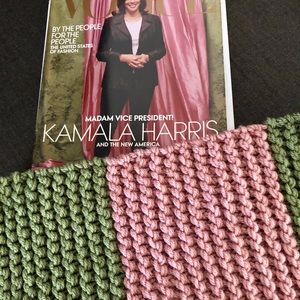 Pink and green hand knitted scarf